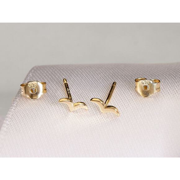 Tiny Tiny Bird Stud Earrings, Sterling Silver Real Gold Plating, Dainty 6x2mm - Picture 2 of 4